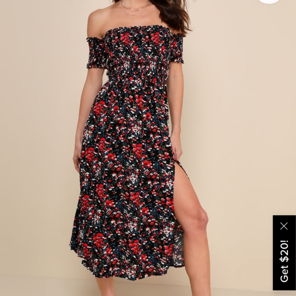 Lulus View from the Meadow Black Floral Print Off-Shoulder Midi Dress